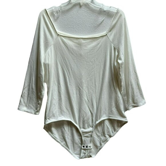 NY Collection Ivory Ribbed Square Neck Long Sleeve Bodysuit USA Sz XL NEW - Picture 1 of 6